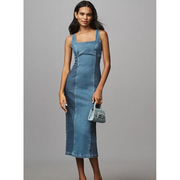 Pilcro Dresses & Skirts - Pilcro Anthropologie Square Neck Corset Denim Midi Dress Zip Back Blue Medium